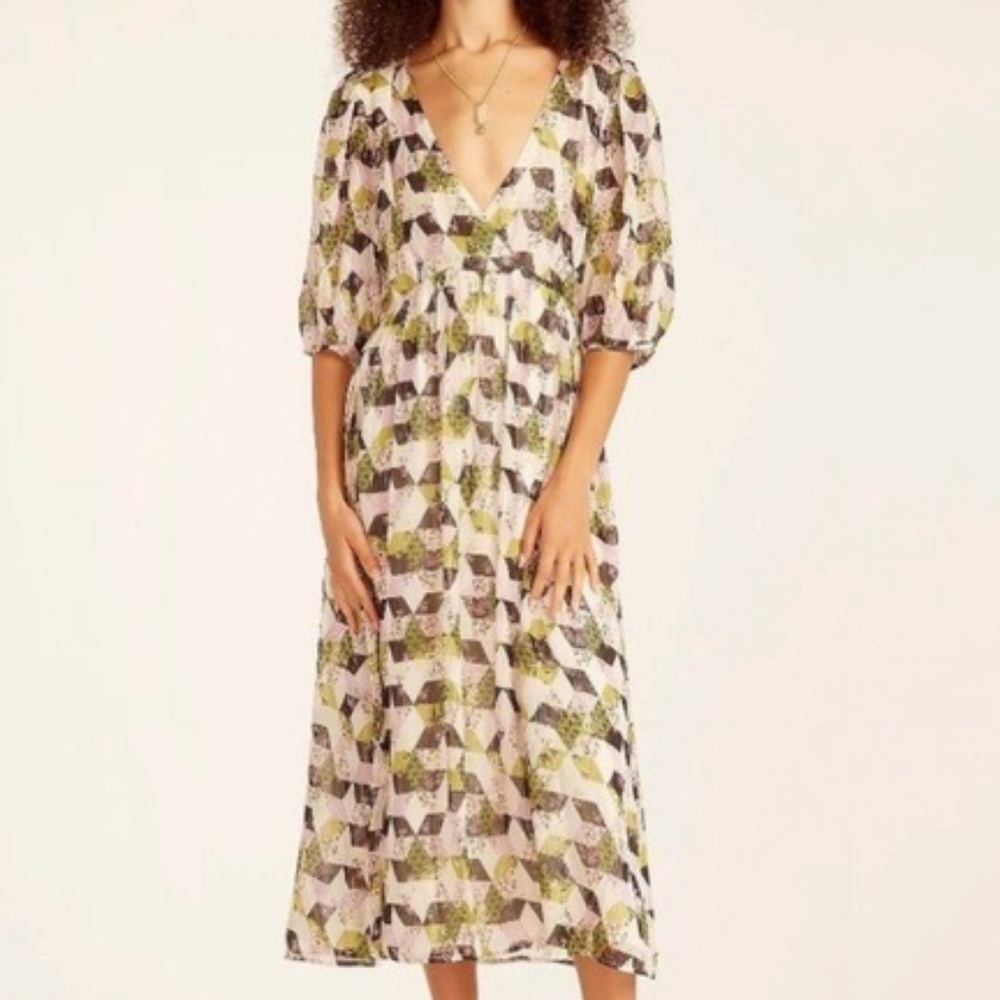 J. Crew Lurex® Metallic Threads Chiffon Patchwork Print V-Neck Midi Dress 10